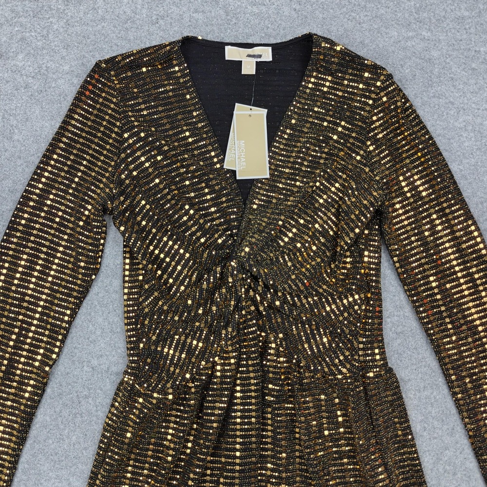 Michael Kors Dress Womens Medium Gold Sequin Fit & Flare V Neck Short $155 New - Picture 2 of 10